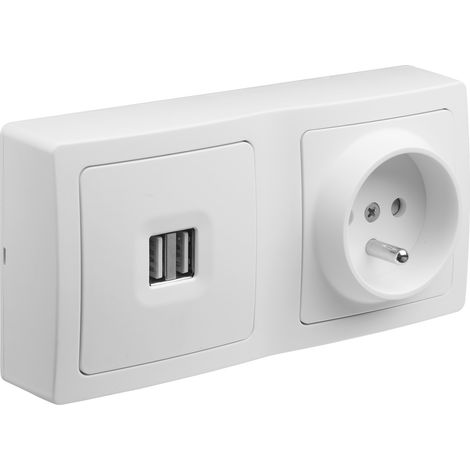 Debflex – Prise USB double 2,1A avec prise de courant 2P+T blanc – Gamme Blok – IP20 – Tenue aux chocs IK02 – 746823
