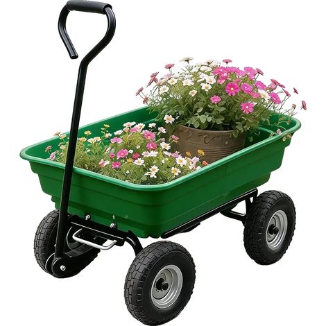 Chariot de jardin, capacité de charge de 272 kg, mécanisme de déversement à libération rapide, Vert 4roues (1/2)