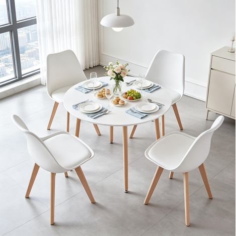 Conjunto de mesa y 4 sillas 80 x 80 x 75 cm blanco y madera - CHICFURN (1/5)