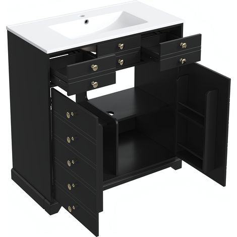 Meuble de salle de bain noir et doré, meuble sous-vasque avec vasque en céramique, meuble de salle de bain avec tiroirs et armoire, meuble moderne pour salle de bain