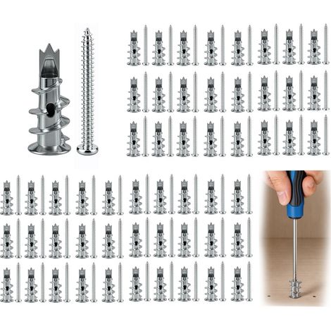 Lot de 100 chevilles auto-perceuses pour plaques de plâtre avec vis : 50 chevilles en métal et 50 vis, chevilles auto-perceuses pour cloison sèche pour plâtre, miroirs, images, étagères, rideaux (1/5)