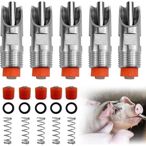 Set mit 5 automatischen Schweinefütterern aus Edelstahl – auslaufsicher, inklusive Düse und Dichtungsring