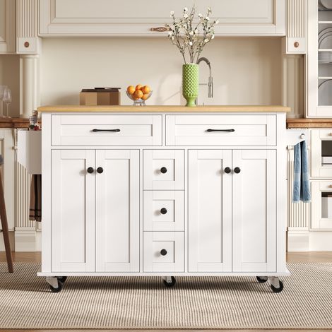 URBAN MEUBLE Îlot de cuisine mobile blanc avec plateau en bois extensible et rangement 89x65x140cm (1/5)