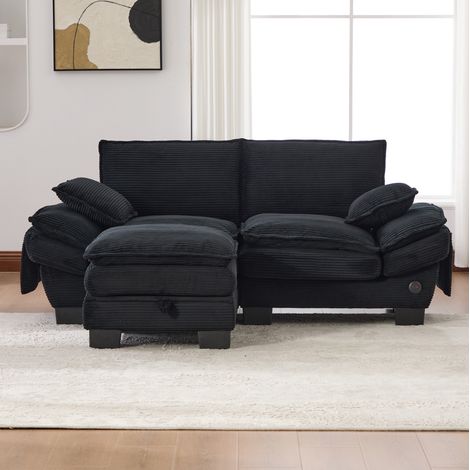 Sofá modular de 2 plazas con puff, tejido de pana negro, 190 x 132 x 84 cm, REDOM (1/5)