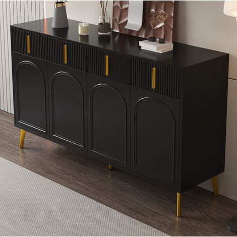 Credenza 140x38x82 cm nera in MDF con 4 ante, 4 cassetti, ripiani regolabili e dettagli dorati (1/5)