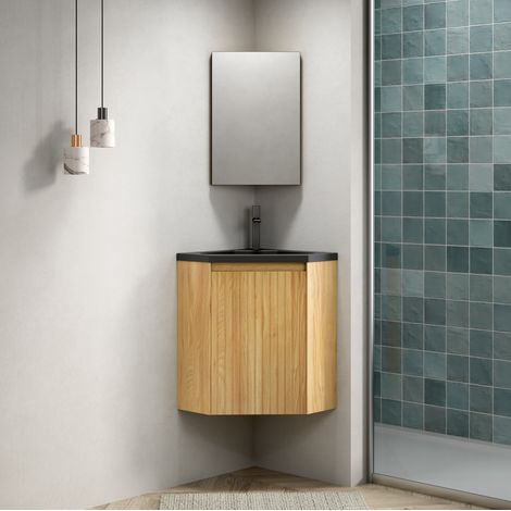 Badezimmer-Waschtisch (47.5x47.5x61.5 cm), für Ecken, matt-schwarzes Harzbecken, Sperrholzschrank, Naturholz und Schwarz (1/5)