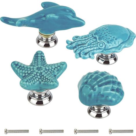 Lot de 4 boutons de meuble en céramique, motif étoiles de mer, pieuvres, coquillages et dauphins, inspirés des animaux marins et de l'océan, style dessin animé, faits main. (1/5)