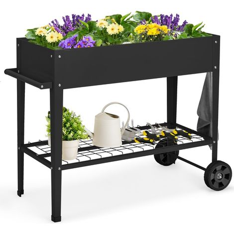 Jardinera metálica elevada con ruedas, estante y ganchos - Negra (1/5)