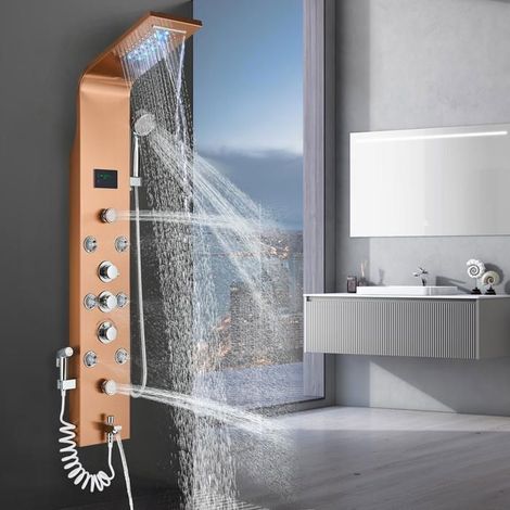 Colonne de douche dorè rose Hydromassantes en  Acier Inox LCD Affichage Température d'Eau Colonne Douche en Panneau Douche Système ​Douchette à Main Douche à Pluie (1/5)