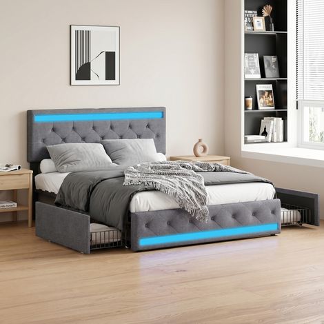 Lit 160x200 avec sommier, 4 tiroirs, tête de lit réglable avec LED et USB, tissu en lin, 2 places