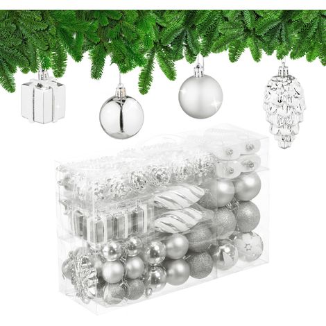 Boules de Noël, Lot de 72, en Plastique, Ornements de Sapin, cœurs, Bottes, Pommes de pin, argentées (1/5)