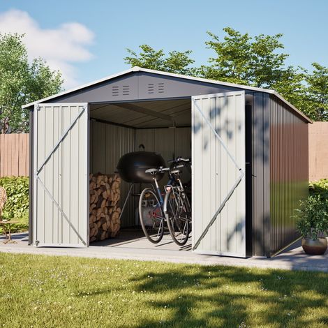 Abri de jardin en métal - 300x311x300 cm - Cabane à outils avec cadre de sol et portes verrouillables - Gris (1/5)