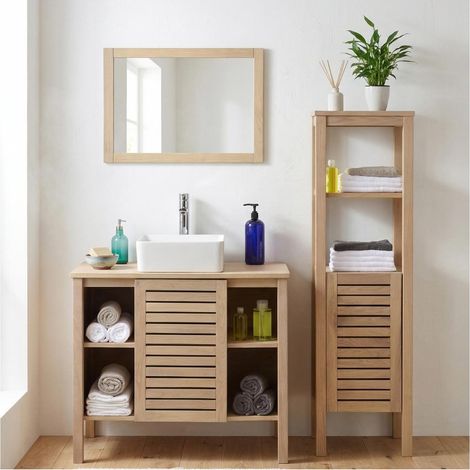 Lavabo individual TALIX de 90 cm, de roble, con grifo, espejo y columna