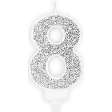 Vela con el número "8" y purpurina plateada (1/2)