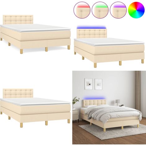 Sommier à lattes de lit matelas et LED crème 120x190 cm tissu - Sommier Tapissier - Lit Double - Matelas À Ressorts Ensachés - Éclairage Led - Têtière Ajustable - Home & Living (1/5)