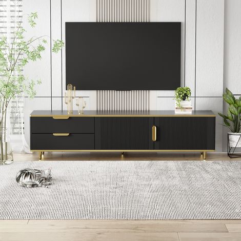Meuble TV Design Moderne 170 cm - Banc TV avec Motifs Sculptés, Poignées et Pieds Dorés - Style Chic et Élégant pour Salon - Noir (1/3)