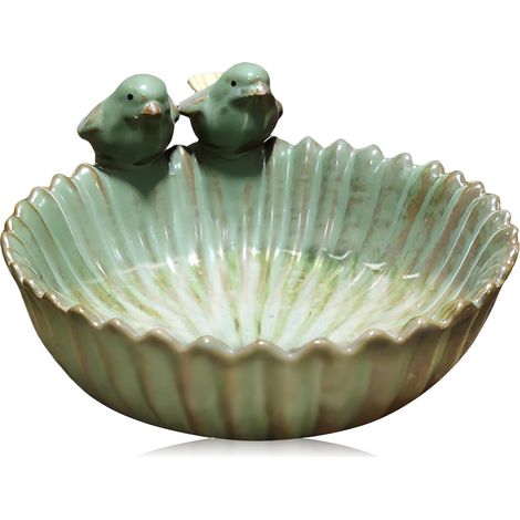 Bain d'oiseaux Résistant à l'hiver: Rond Baignoire pour Oiseaux, Grand Bain d'oiseaux avec 2 Oiseaux Décoratifs, Mangeoire pour Oiseaux Sauvages (Vert) (1/5)