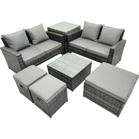 Fimous PE Rattan Garden Furniture Set Lounge Double Seat Sofa Coffee Table Set with Side Table 3 Stools Dark Grey Mixed (1/5)