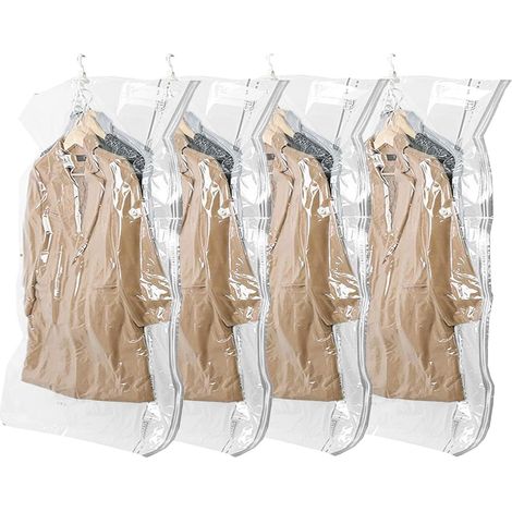 Lot de 4 housses de rangement sous vide avec crochets, gain de place de 80 %, 70 x 105 cm, transparentes, idéales pour vêtements, robes, costumes et vestes. (1/5)