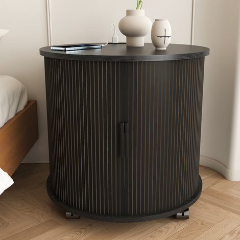 Mesa auxiliar redonda de estilo mid-century (75.0x67.0x14.0 cm), con estación de carga, puerta corredera, MDF negro (1/5)