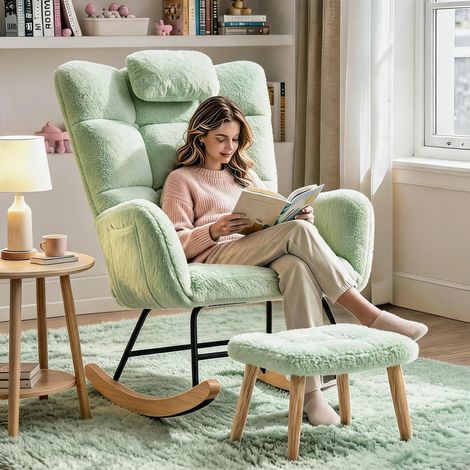 IDEALHOUSE Fauteuil à bascule ergonomique à dossier haut avec repose-pieds, rembourré, structure acier et pieds bois - Light green (1/5)