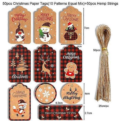Lot de 50 étiquettes cadeaux de Noël en papier pour emballage cadeau, décorations à suspendre au sapin et décorations du Nouvel An.