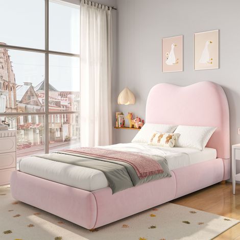 Lit coffre hydraulique 90x200 cm avec sommier à lattes inclus, sans matelas, lit enfant rembourré en velours rose, tête de lit confortable, grand rangement sous le lit (1/5)