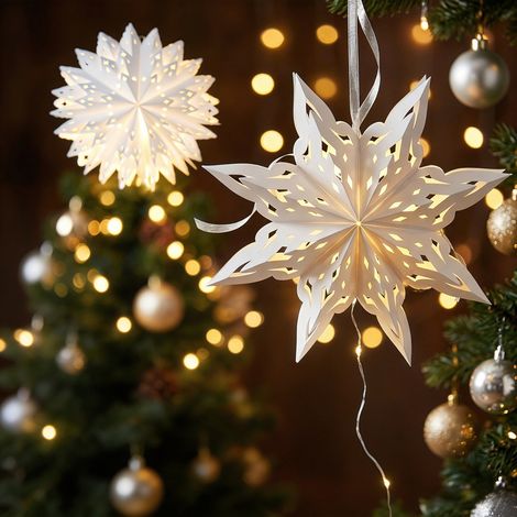 JSSEVN - Linterna navideña de papel estrellada, paquete de 2 luces de copo de nieve de papel con cuentas de luz LED y control remoto, linterna decorativa plegable (1/4)