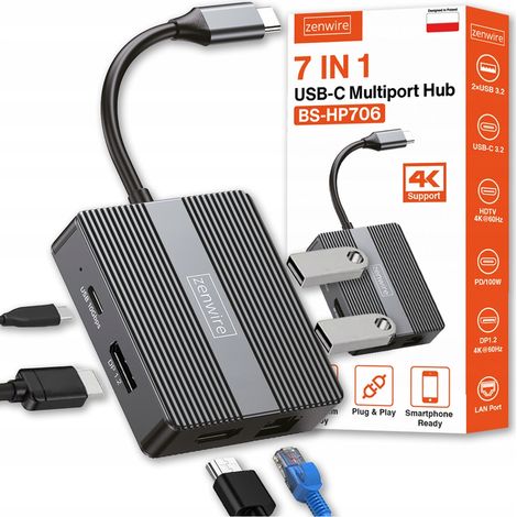 Hub USB-C 7 en 1 Adaptador USB 3.0 HDMI 4K 60Hz Display Port Gigabit RJ-45 1000M Zenwire BS-HP706
