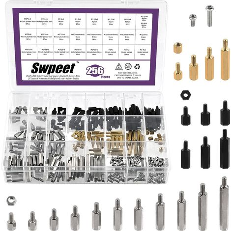 Entretoises en acier au carbone filetage métrique (N3) 24 tailles 3 matériaux fer nickelé laiton ou nylon entretoises hexagonales vis à entretoise écrou assortiment kit (1/5)
