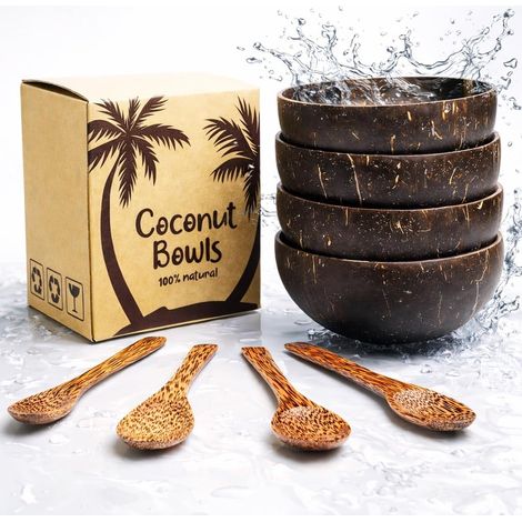 Ensemble de 4 bols en noix de coco naturelle JeiibrZui - Bols de service artisanaux pour fruits et noix - Décoration de table rustique à l'ambiance tropicale (1/3)