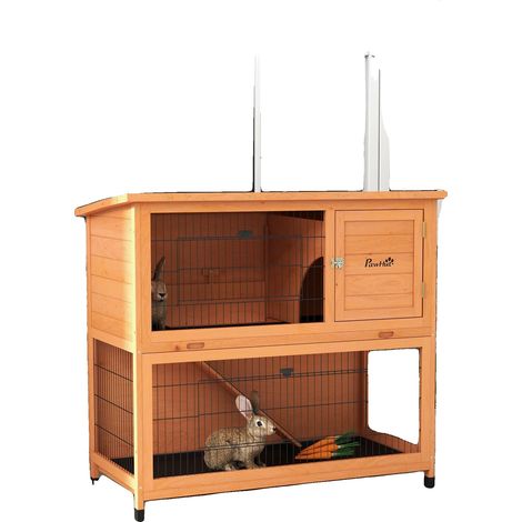 Jaula para conejos, de madera, diseño de 2 niveles, bandejas extraíbles, puertas con cerradura, apta para animales pequeños. (1/5)