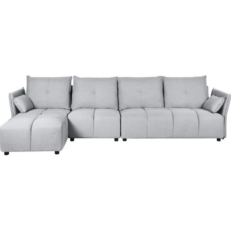 Beliani Corner Sofa 4 Seater Light Grey Fabric L-Shaped Right Hand Extra Seats 4, Flared, Foam Filling, Elastic Belt, Traditional, Seat Height 39 cm, 325 x 136 x 65 cm, 100% Polyester, Solid TOMRA (1/5)
