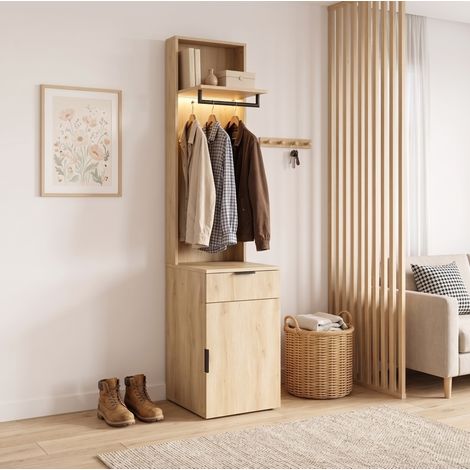 MODFU – Meuble vestiaire 45x47x200 cm MDF – Penderie LED et tiroir à bijoux – 2 compartiments et charge 30/20 kg – Chambre – Chêne (1/5)