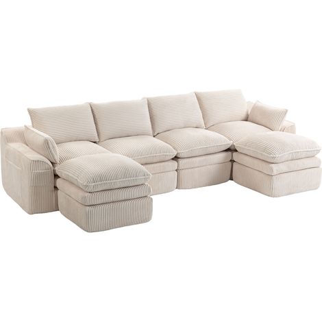 Canapé modulaire 4 places en velours côtelé (avec 2 poufs) – avec coussins et 2 poches latérales, mousse à 3 couches + noyau à ressorts pour un rebond rapide. Modulable librement – idéal pour le salon (1/5)