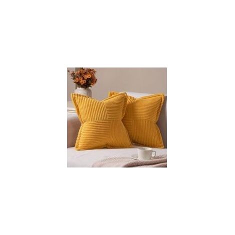 Fundas de cojín infantiles de 45x45 cm, color amarillo mostaza con estampado de rayas cruzadas (juego de 2) (1/5)