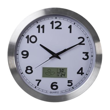 Perel Reloj de Pared, Redondo, analógico, 35 cm, Pantalla LCD con termómetro, higrómetro y disposiciones meteorológicas, Aluminio, Plata