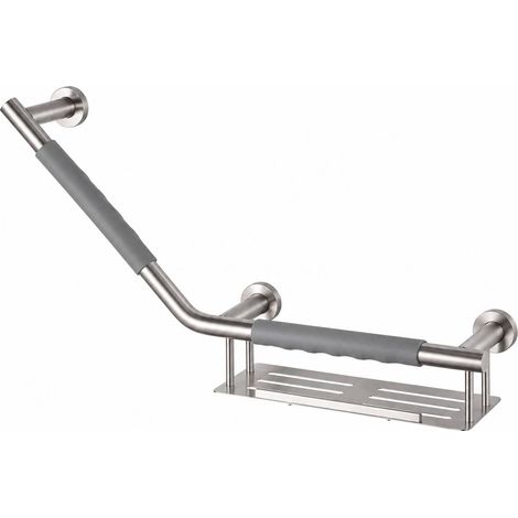 Barre d'appui 135° COMFORT GRIP en acier brossé droite avec porte-savon (1/4)