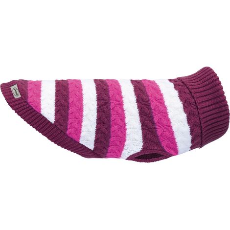 Pull pour Chiens Col Haut, Motif Rayures Blanches avec Nuances Violet/Fuchsia, Trou Laisse et Passants Pattes Violet, XS - Longueur Dos 30 cm