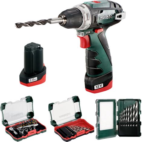 Metabo Akku-Bohrschrauber-Set PowerMaxx BS mit 2x 2,0 Ah + Ladegerät im Koffer + Bitset + Metallbohrer + Holzbohrer (1/4)