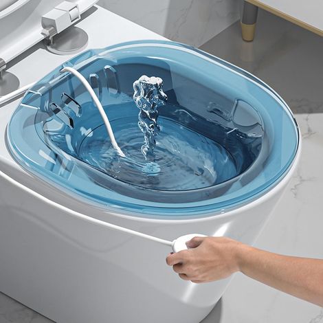 Baignoire de siège portable au-dessus des toilettes, fixation pour bidet 35, 6 x 38, 1 x 10, 2 cm, anti-débordement pour les hémorroïdes, soins privés post-partum, adapté aux voyages (bleu transpar (1/5)
