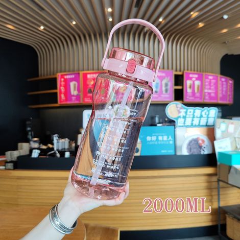 2000 ml Kunststoff-Trinkflasche für Outdoor-Sportarten mit Doppelstrohhalm und Zeitmarkierung – Pink (1/2)