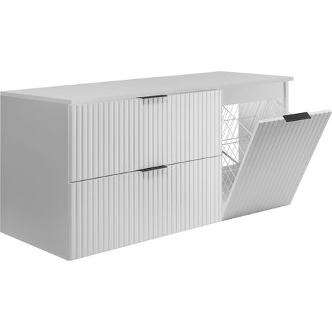 Set di mobili da bagno con cesto portabiancheria e piano, maniglie nere, bianco, 120 x 46 x 57 cm (1/5)