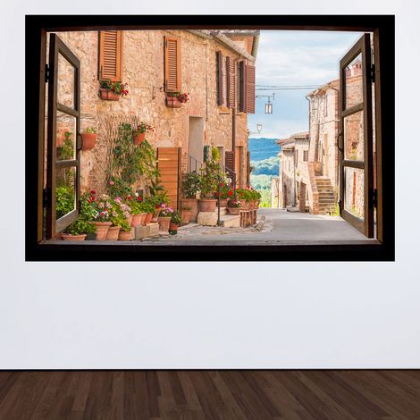 Stickers Trompe l'oeil fenêtre en bois - Ruelle village - 60 x 90 cm (1/3)