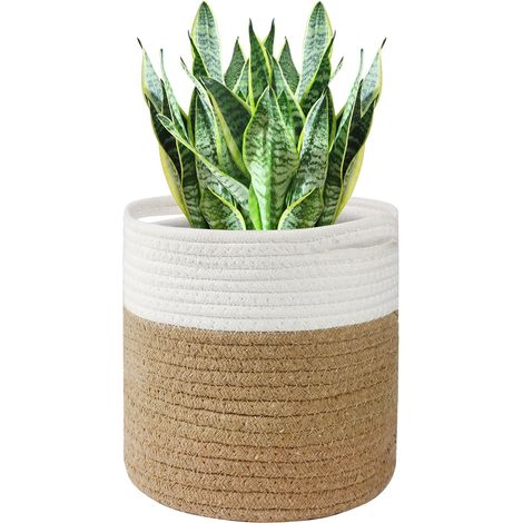 Blanc Marron Pot de Fleurs 30 cm pour Plantes avec Doublure, Panier de Rangement en Coton Tissé Grand Pots pour Plantes d'Intérieur, Décoration de la Maison (1/5)