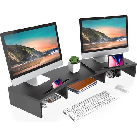 FITUEYES Dual Monitorstnder Holz Drehbar Lngenverstellbar mit Halteschlitz f¨¹r Smartphones Tablet PC Laptop Computer Bildschirm Riser 79-111,2x27x10,6cm Schwarz DT111101WB (1/5)