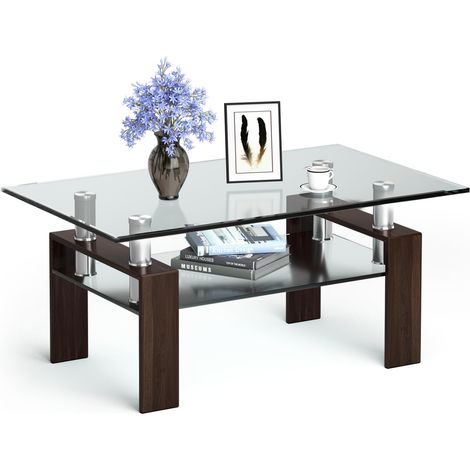 COSTWAY Tavolino da Salotto, Tavolino da Caffè in Vetro Temperato e Tubi in Acciaio Inossidabile con 2 Livelli, Tavolo Moderno e Rettangolare per Soggiorno e Studio, Portata 180 kg, 99 x 60 x 44,5 cm (1/5)