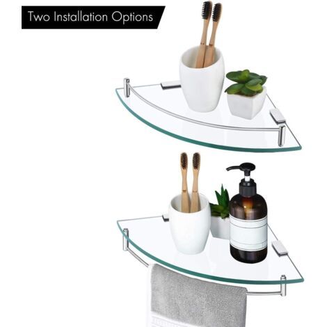 Étagère d'angle en Verre Étagère Salle de Bain Douche Tablette Murale Étagère en Verre Trempé avec Porte Serviette 2 Pièces Acier Inoxydable Poli