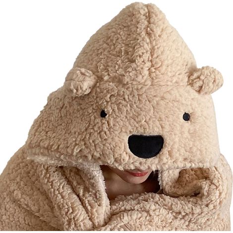 Nouveau châle chaud et épais pour l'automne/hiver, idéal pour la pause déjeuner au bureau. Motif ours en peluche, beige, 120 x 123 cm. (1/5)