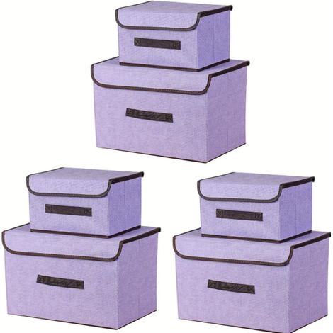 6 Boîte de Rangement avec Couvercle,Sac de Rangement,Pliable Rangement Tissu pliable avec Couvercle, Panier de Rangement,Coffre à Jouets pour Jouets,Vêtements (Violet, 36 cm+26 cm)